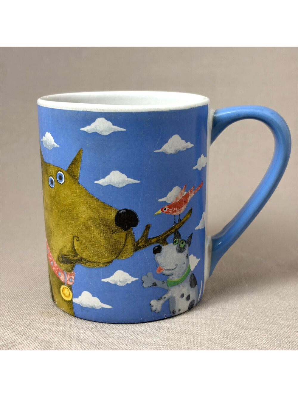 Debi Hron Gibson Coffee Mug Whimsical Dogs Cats Folk Art Blue Ceramic Cup 2006